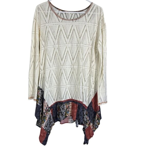 Oddy Knit Patchwork Top M Cream Handkerchief Tunic Boho Western Classic Chic 80s - Picture 1 of 10